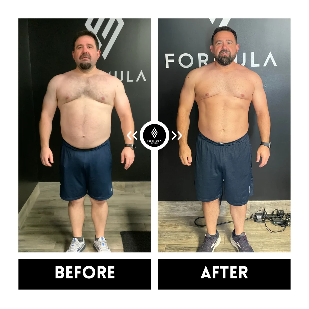 Side-by-side comparison of a second Formula Fitness client, front view, labeled BEFORE on the left and AFTER on the right.